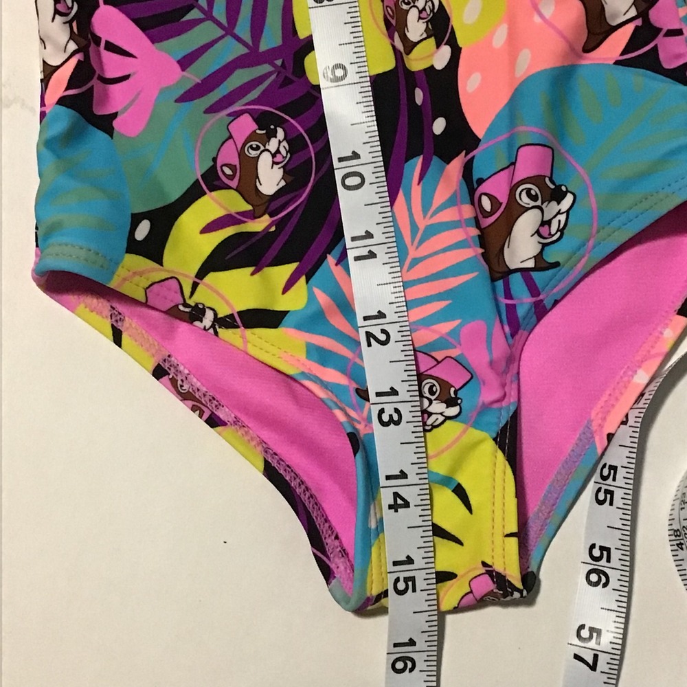 Buc-ee's Girls 2T One Piece Swimsuit Tropical Beaver Print Pink Ruffle Bow Back - Picture 6 of 6